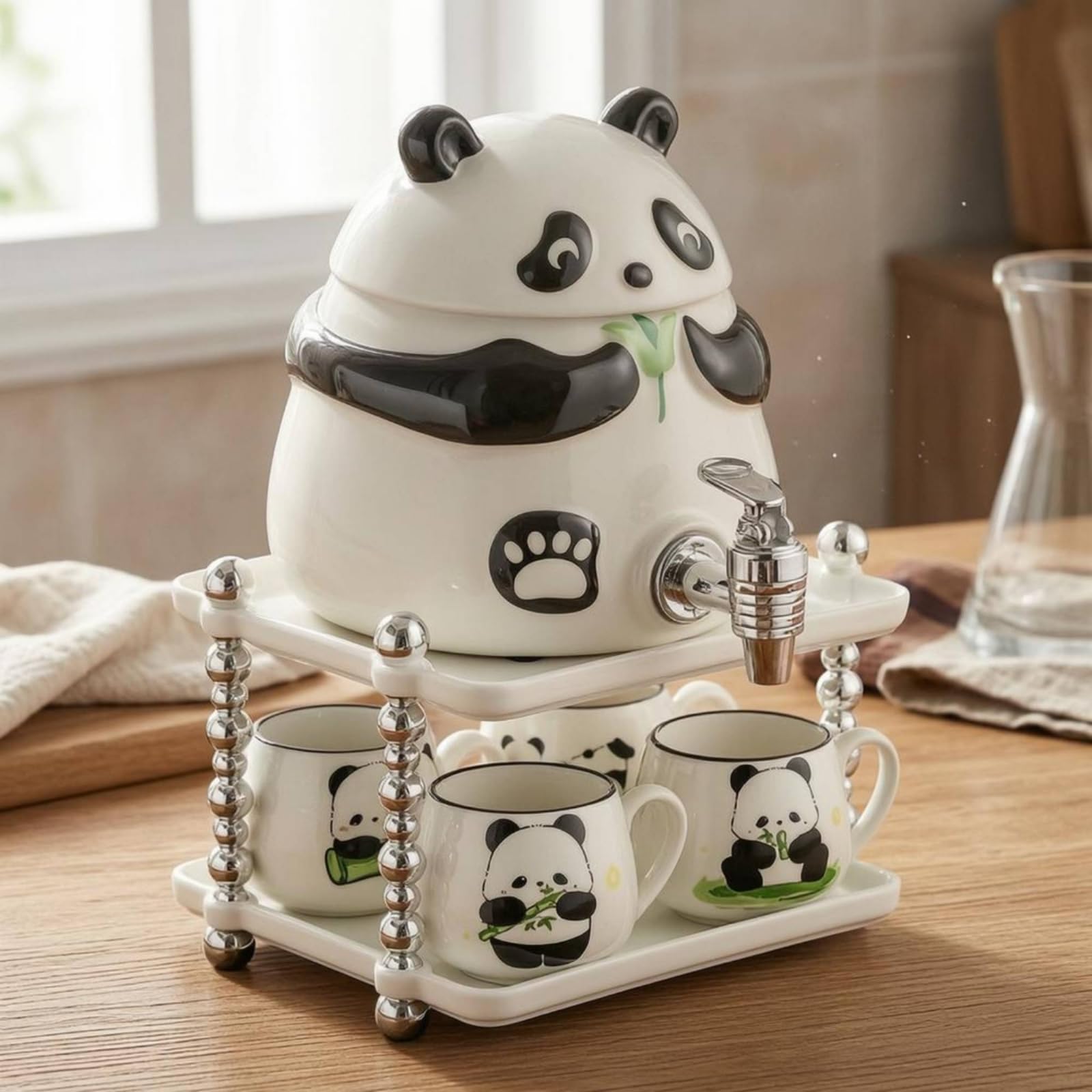 LOVIVER Getränkespender Panda Wasserspender Tischgetränkespender Auslauf Vorne Kontrolliertes Eingießen Pflegeleichte Oberfläche für Familie Gäste Empfang, 2L Panda Wasserspender Mit Keramikständer