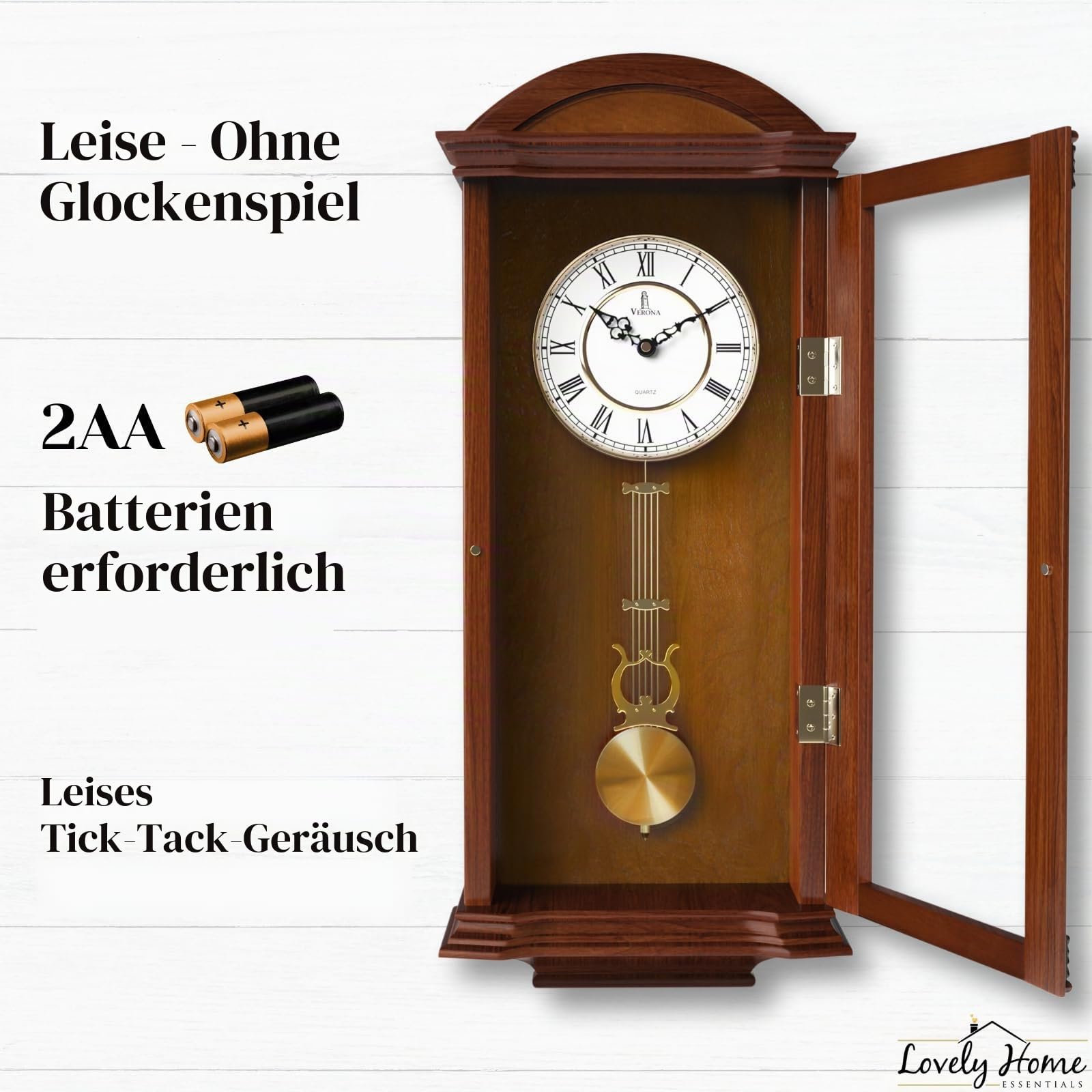Verona Edel Holz Pendel Wanduhr mit Glas Front – Schöne und dekorative Uhr mit mittelgroß braun Finish und Glas vorne – 69,2 x 28,6 x 12,1 cm – Quarzuhrwerk, batteriebetrieben & leise