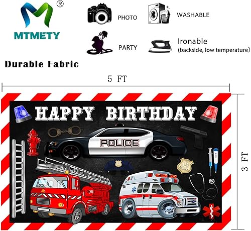 Miniatura 2 de MTMETY Telón de fondo de tela suave de 5 x 3 pies, ambulancia, camión de bomberos, policía, fondo rojo y blanco, tira de advertencia para