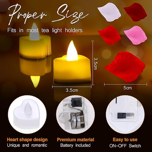 Miniatura 4 de Honoson Juego de 24 velas LED sin llama con 1000 pétalos artificiales para una noche romántica, boda, fiesta, aniversario, decoración de San