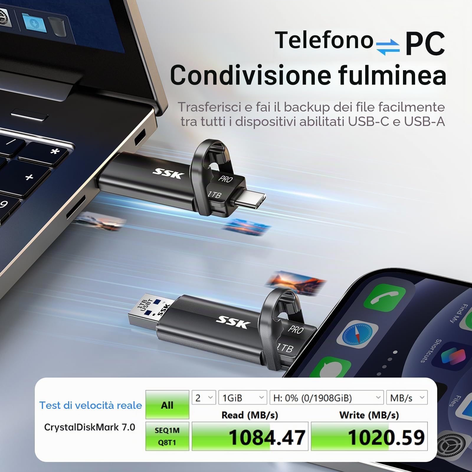 SSK Unità esterna SSD da 1 TB fino a 1050 MB/s, unità a stato solido esterne tipo C+USB A Disco rigido SSD USB 3.2 Gen 2 per iPhone 15/PS4/telefoni Android/tablet/Windows/Mac, SD301 PRO