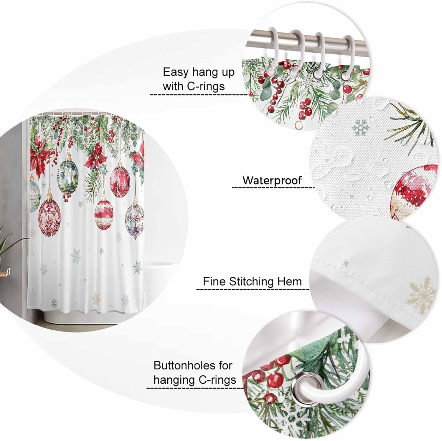 BEMIGO Watercolor Christmas Poinsettia Flower Shower Curtains for Bathroom, Farmhouse Fabric Waterproof Shower Curtain Set with Hooks, Winter Snowflake Ball Christmas Vacation Decorations 36x72inch