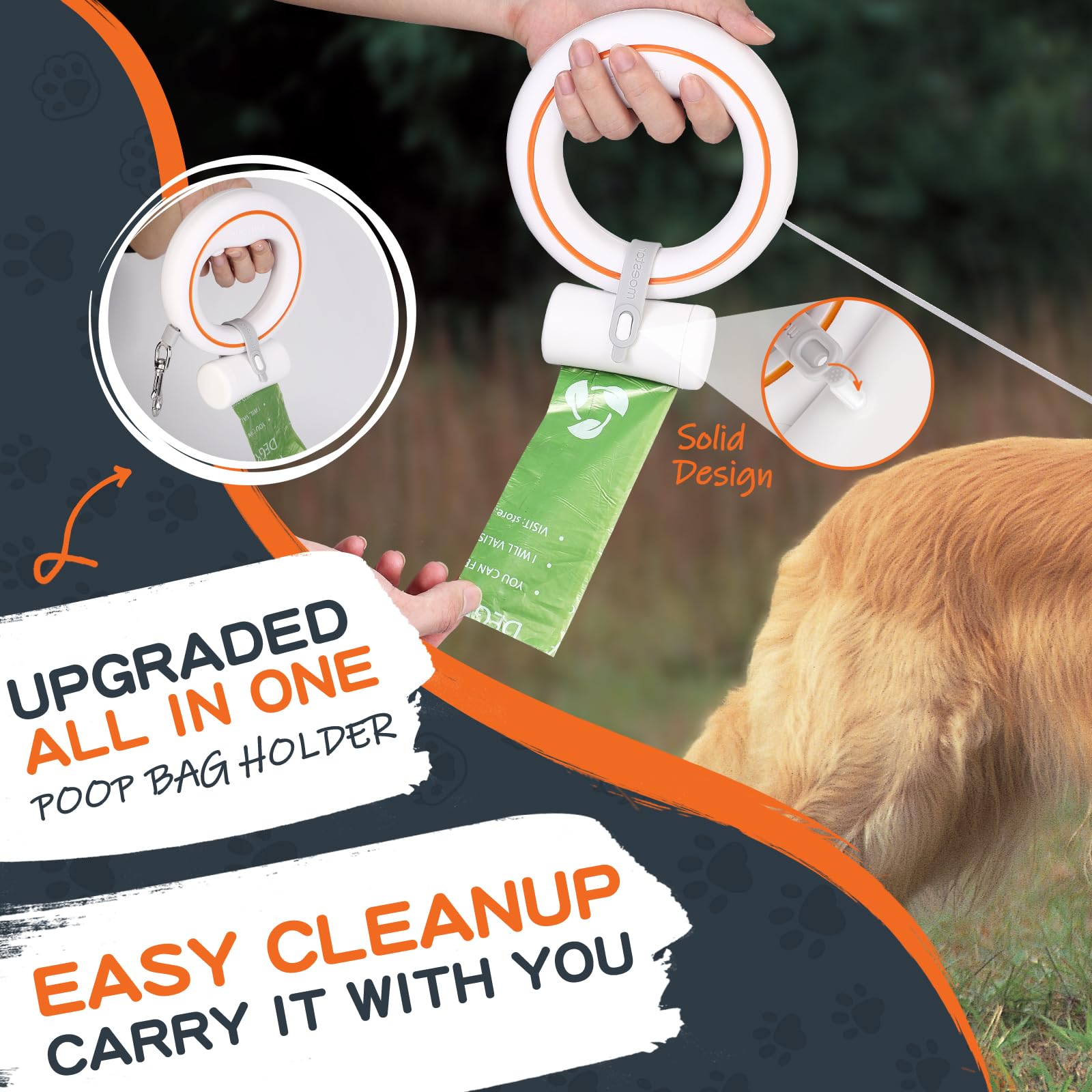 Einziehbare Hundeleine Hände Frei Hundeleine Ausziehbar 360° Tangle Free Rollleine mit Hundekotbeutel-Halter 3m/10ft für Mittlere Kleine Hunde(Orange)