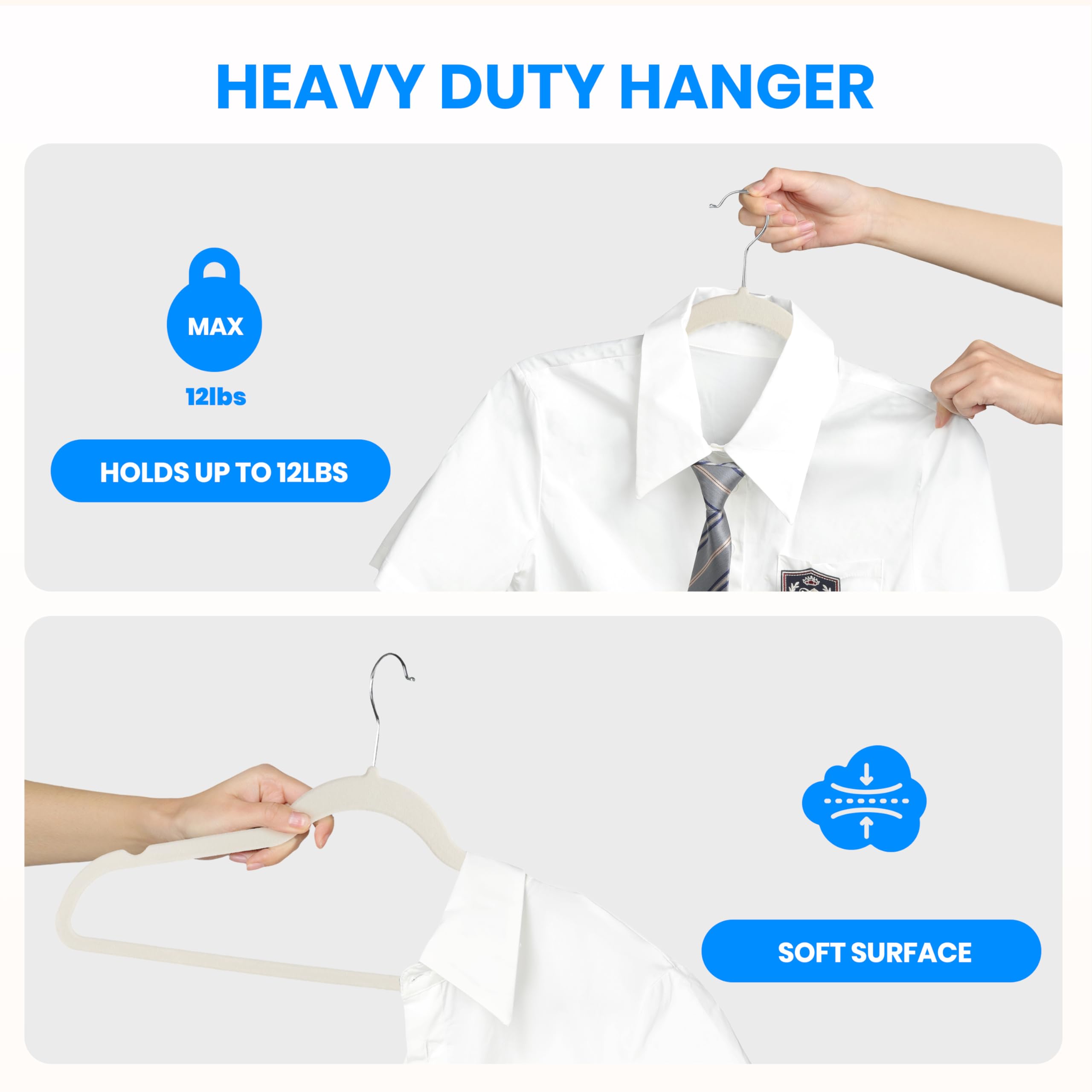 Hoppa! Set van 50 anti-slip fluwelen kledinghangers 0,6 cm dik ruimtebesparend 360° draaibare haak 45 cm Voor jassen, mantels, rokken, hemden en broeken