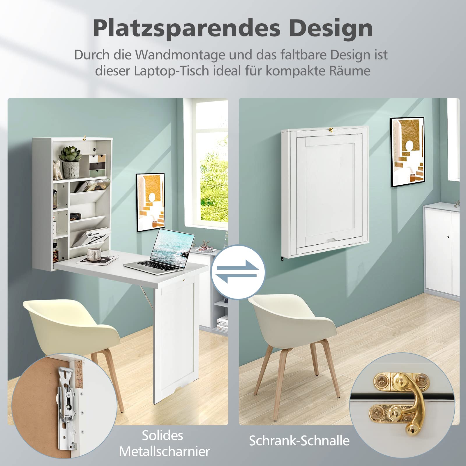 COSTWAY Wandklapptisch mit Stauraum, klappbarer Wandtisch, platzsparender Wand Klapptisch, Schreibtisch Esstisch für Esszimmer Wohnzimmer Küche (Weiß)