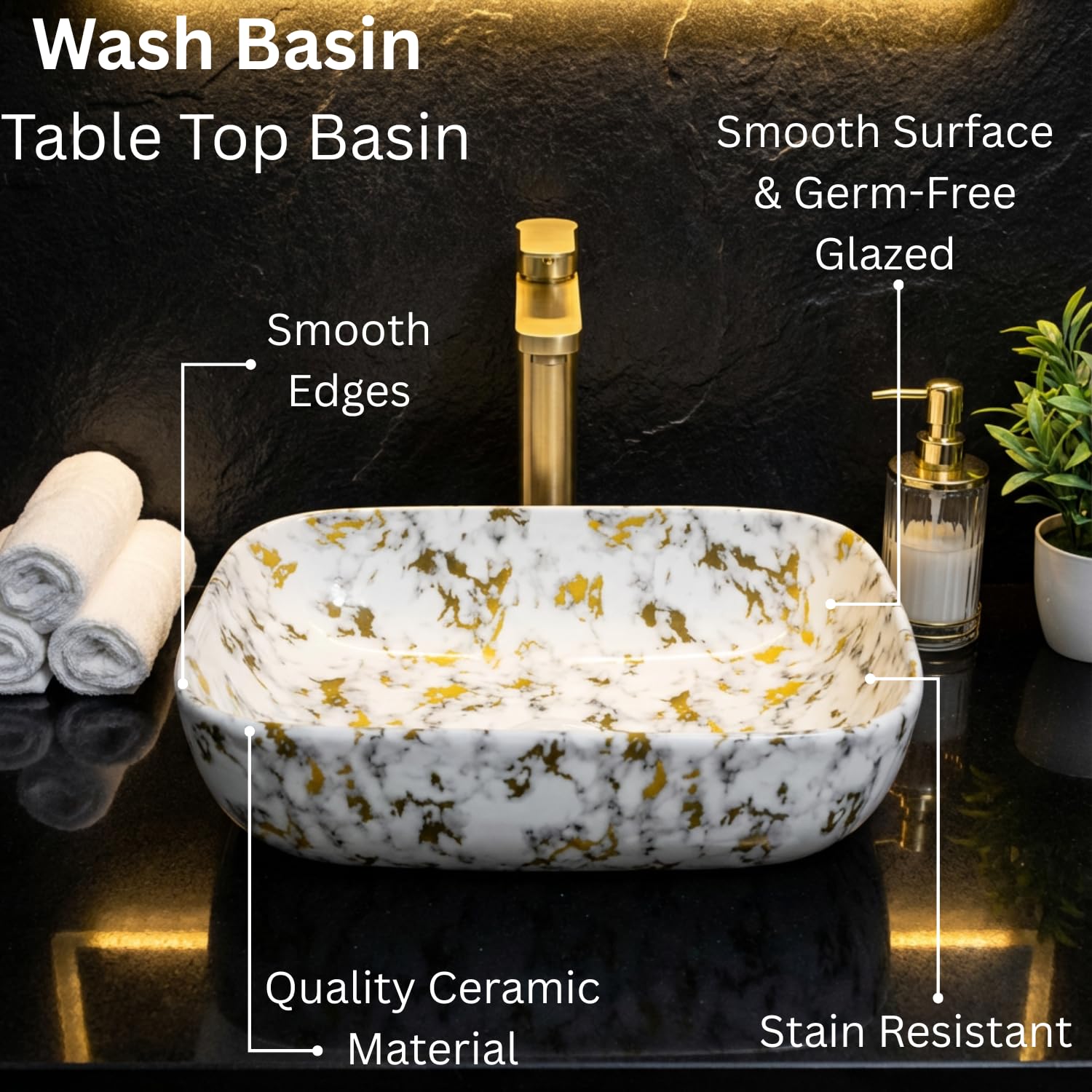 Well Set Designer Ceramic Table Top Wash Basin | White & Yellow Marble Pattern Countertop Sink | Bathroom Vessel Basin | Glossy Finish | 18 x 13 x 5.5 Inch 1