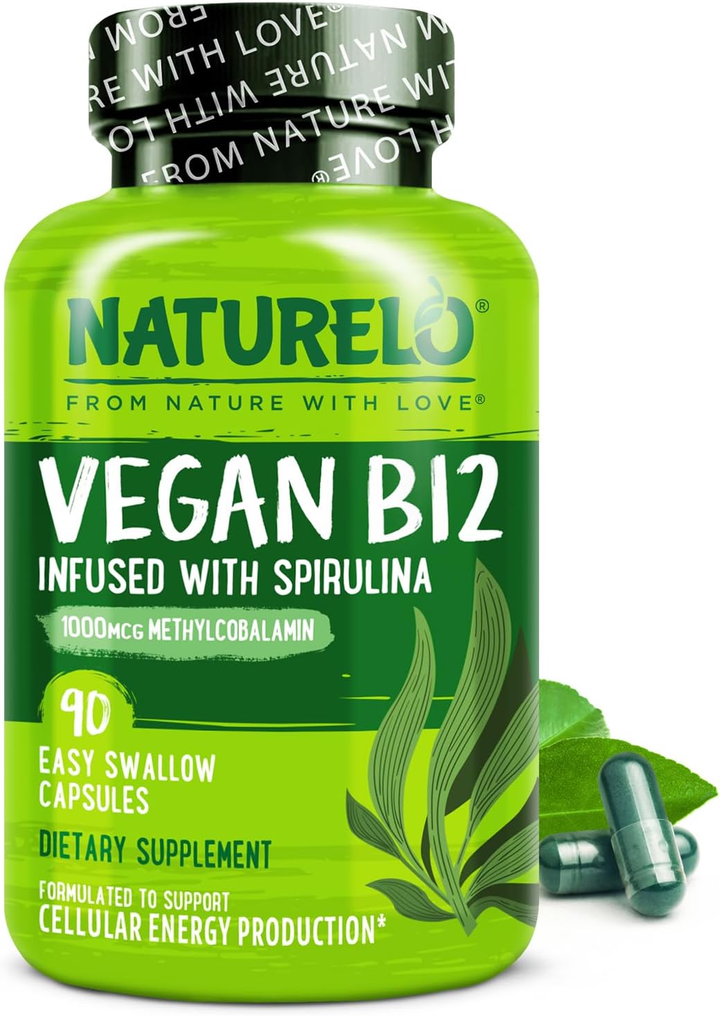 NATURELO Vegan B12 - Methyl B12 with Organic Spirulina - High Potency Vitamin B12 1000 mcg Methylcobalamin - Supports Healthy Mood, Energy, Heart & Eye Health - 90 Capsules