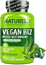 NATURELO Vegan B12 - Methyl B12 with Organic Spirulina - High Potency Vitamin B12 1000 mcg Methylcobalamin - Supports Healthy Mood, Energy, Heart & Eye Health - 90 Capsules