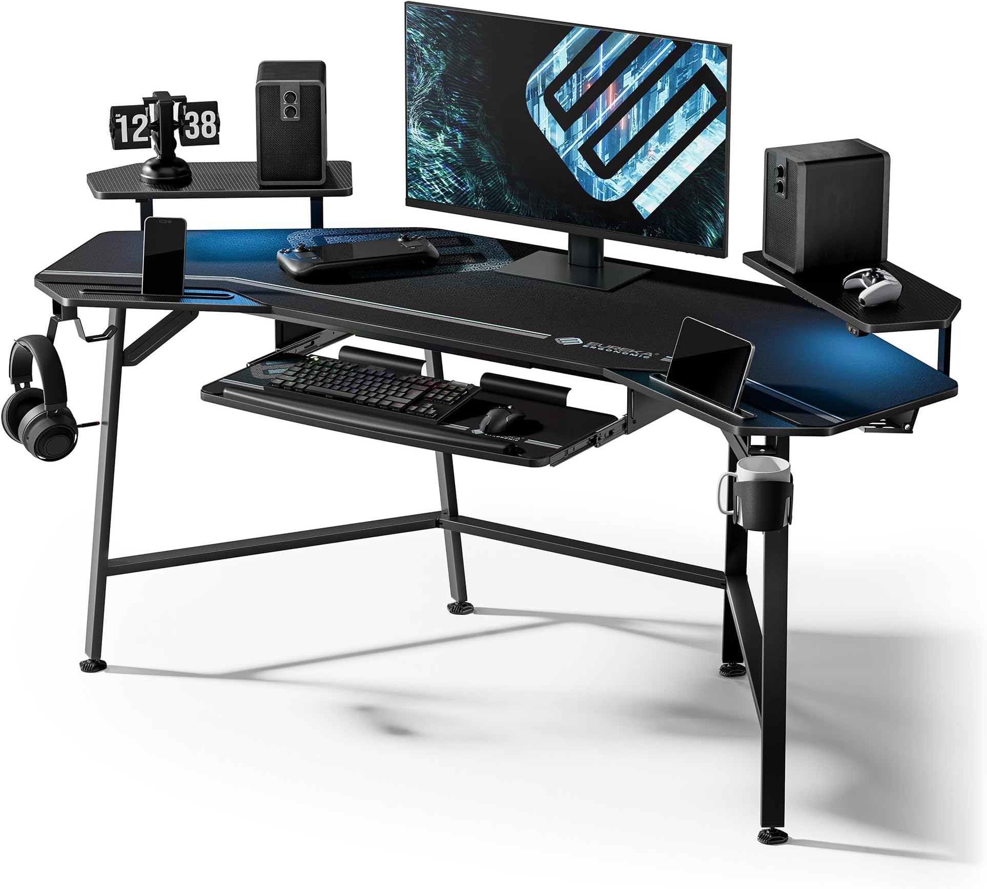 EUREKA ERGONOMIC Aero 72 Inch Gaming Desk with Keyboard Tray, Large Computer Desk Led Lights, Wing-Shaped Monitor Stand Dual Headphone Hanger Cup Holder for Studio,Streamer,Live,Black