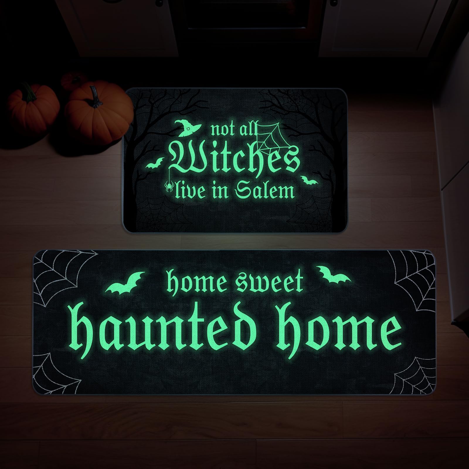 QIONG MENG Halloween Kitchen Mat Set of 2 Not All Witches Live in Salem Decorative Glow in The Dark Kitchen Rugs, Luminous Party Home Floor Mats for