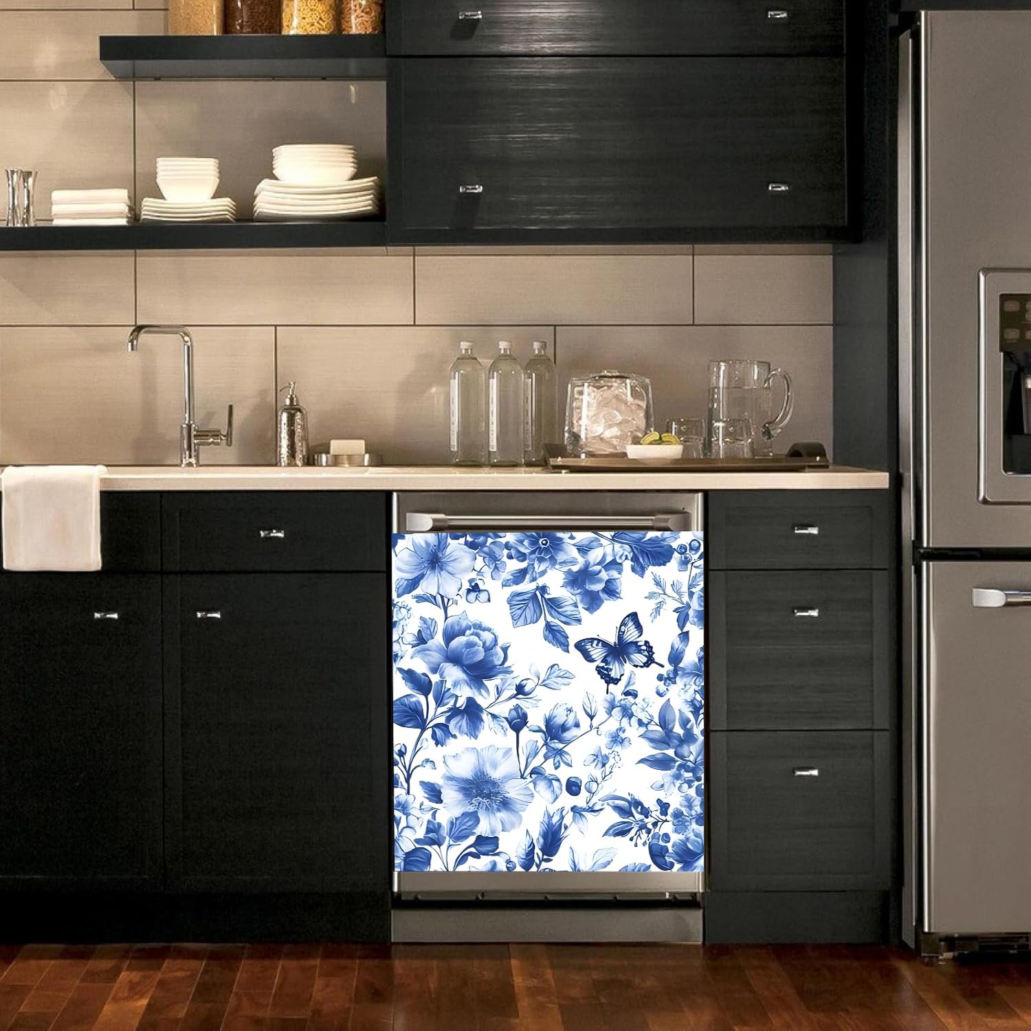 BVBOX Dishwasher Magnet Cover 23" W x 26" H, Reusable Magnetic Refrigerator Covers, Dishwasher Magnets Decorative Cover Fridge Door Skin Panel Stickers for Home Kitchen Appliance (Blue Butterfly)