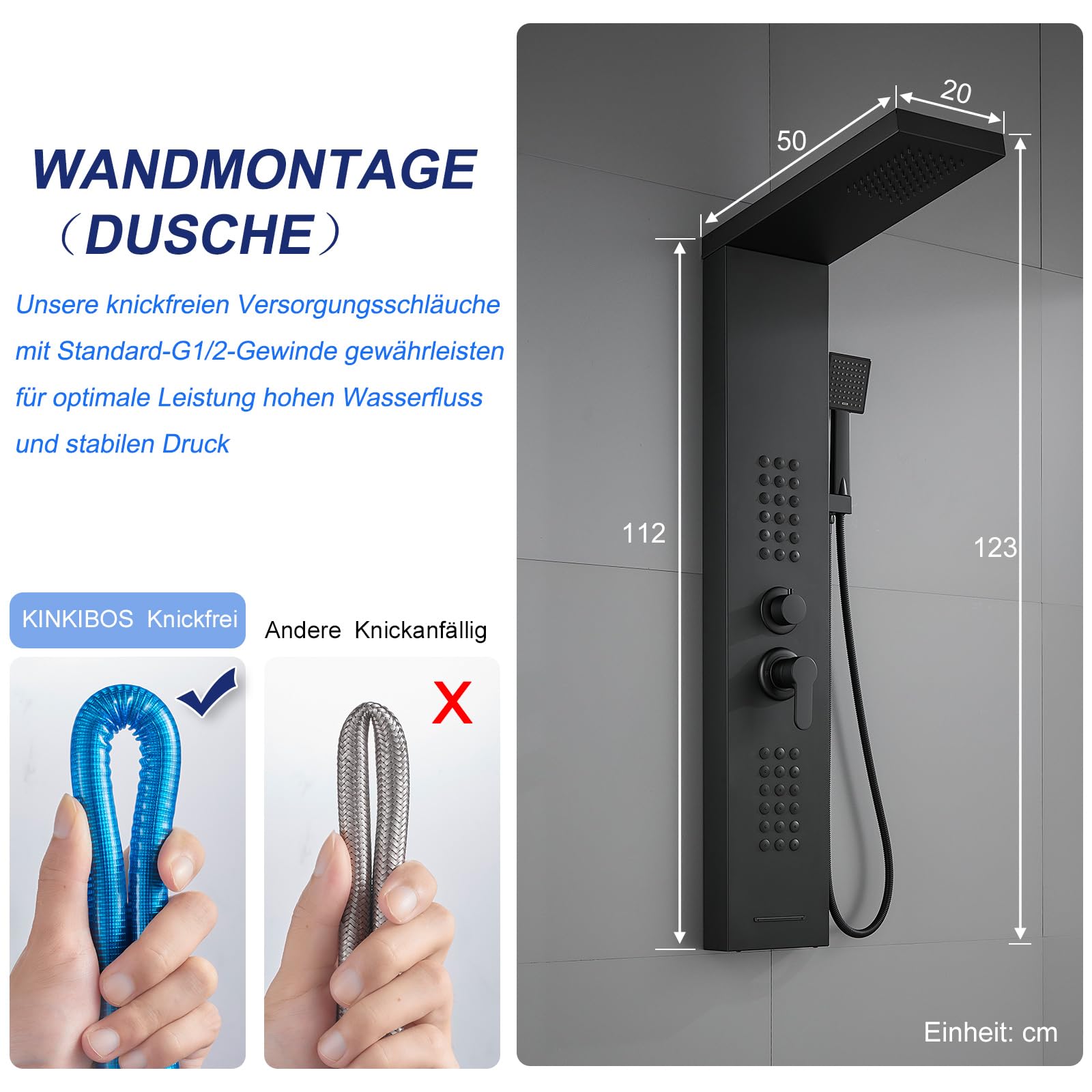 Pannello doccia con rubinetto, colonna doccia 4 in 1, in acciaio inox, nero opaco