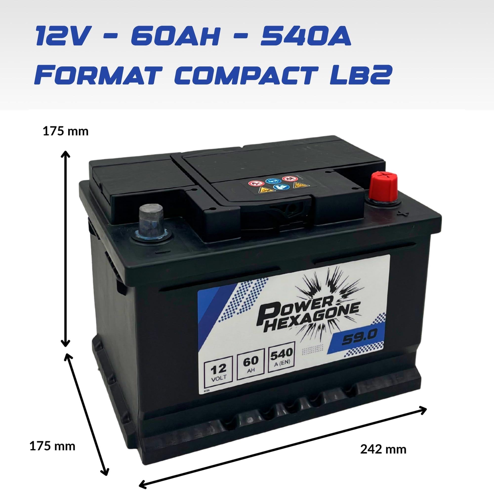 Batterie Voiture 12V 60Ah LB2 - Démarrage 540A - Batterie Auto Sans Entretien - Format LB2 Compatible Voiture, Utilitaire et Chantier - Remplacement Origine - Power Hexagone