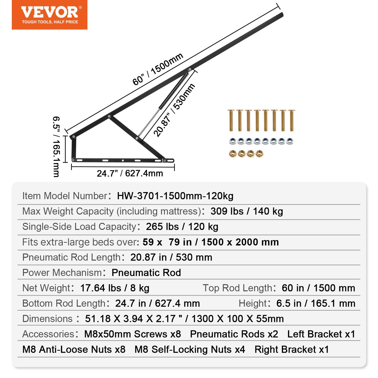 VEVOR Elevador de Cama Compatible de 150 x 200 cm Capacidad de 140 kg Kit de Hardware Mecánico de Cama Palanca Neumática Vertical de Lujo Soporte de Cama Resistente para Habitación de Invitados