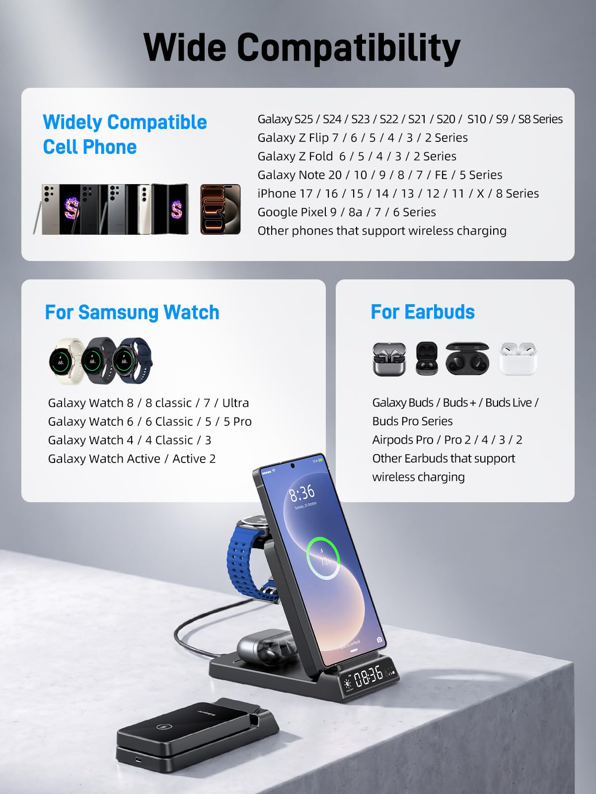 Bezprzewodowa ładowarka do stacji ładującej Samsung z zegarem do Samsung Galaxy S25 Ultra/S24/Flip 7/Bud, ładowarka do zegarka Samsung Galaxy Watch 8/7/6/5Pro, składana stacja ładująca 3 w 1 (czarna)