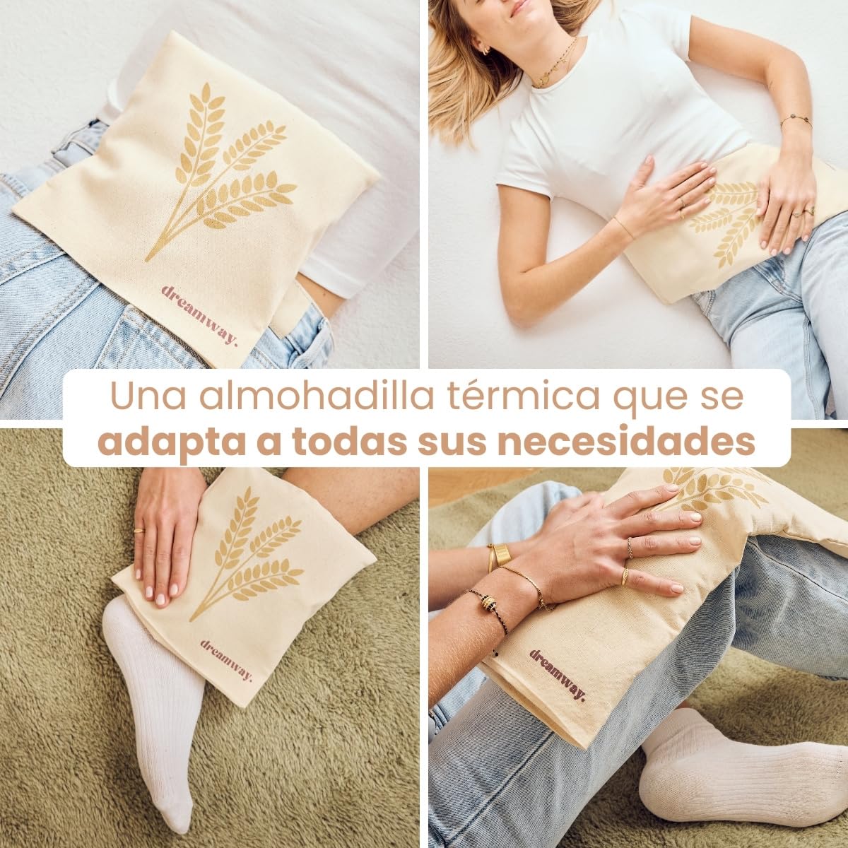 Dreamway - Cojín térmico microondas con trigo 21x21cm - Alternativa a la bolsa de agua - Almohadilla térmica con funda 100 % algodón lavable - Alivia dolores musculares y articulares