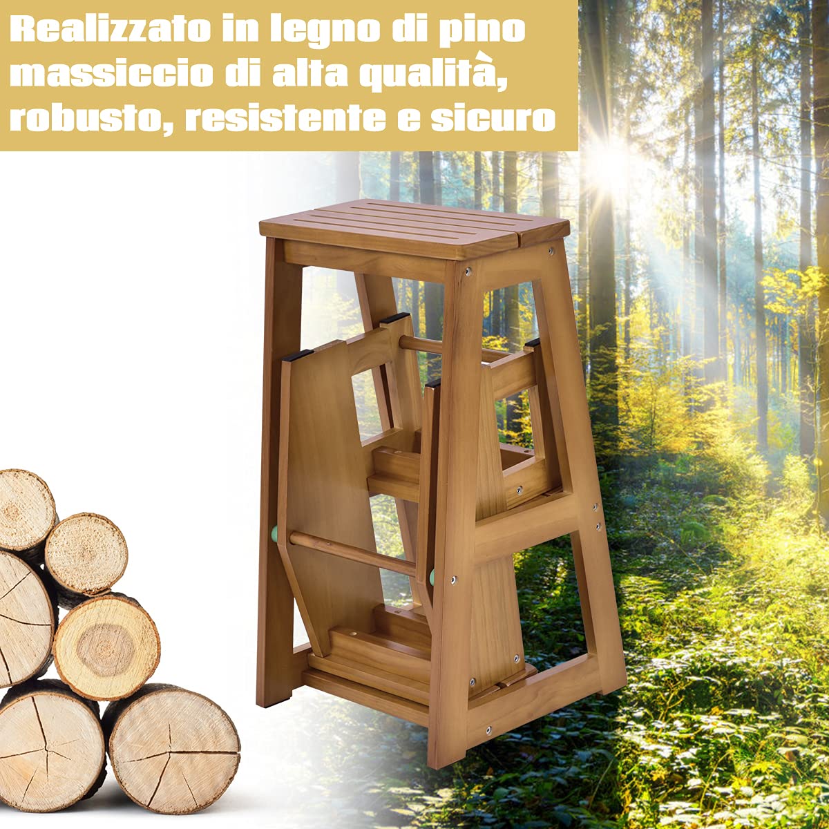 DREAMADE Sgabello Scaletta in Legno Sedia Scala Richiudibile a 3 Gradini per Casa Negozio (Marrone Chiaro)
