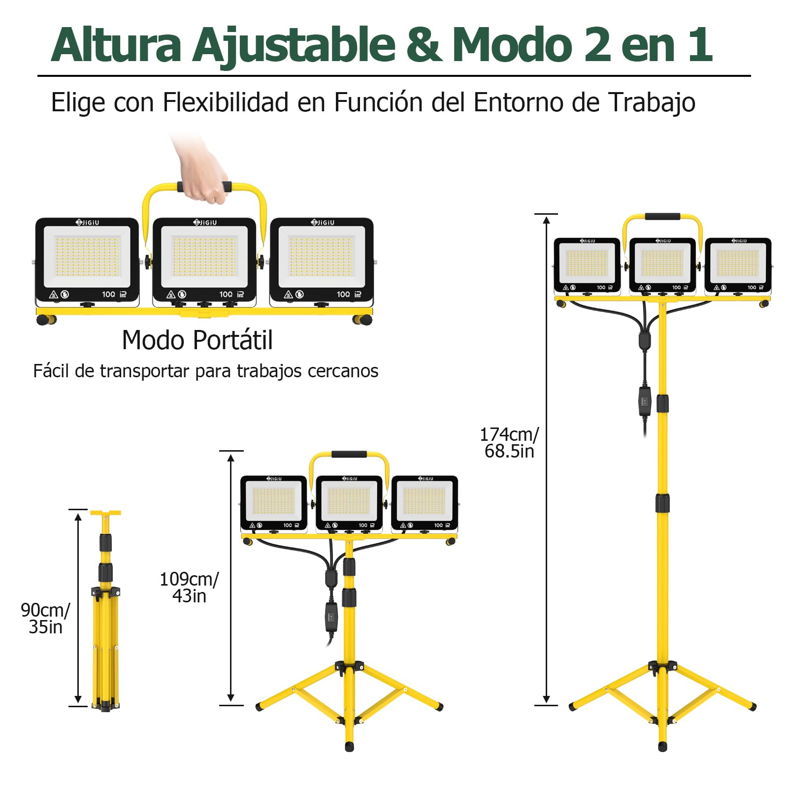 JiGiU Foco de Trabajo LED 300W con Trípode con 3 Cabezales Ajustables