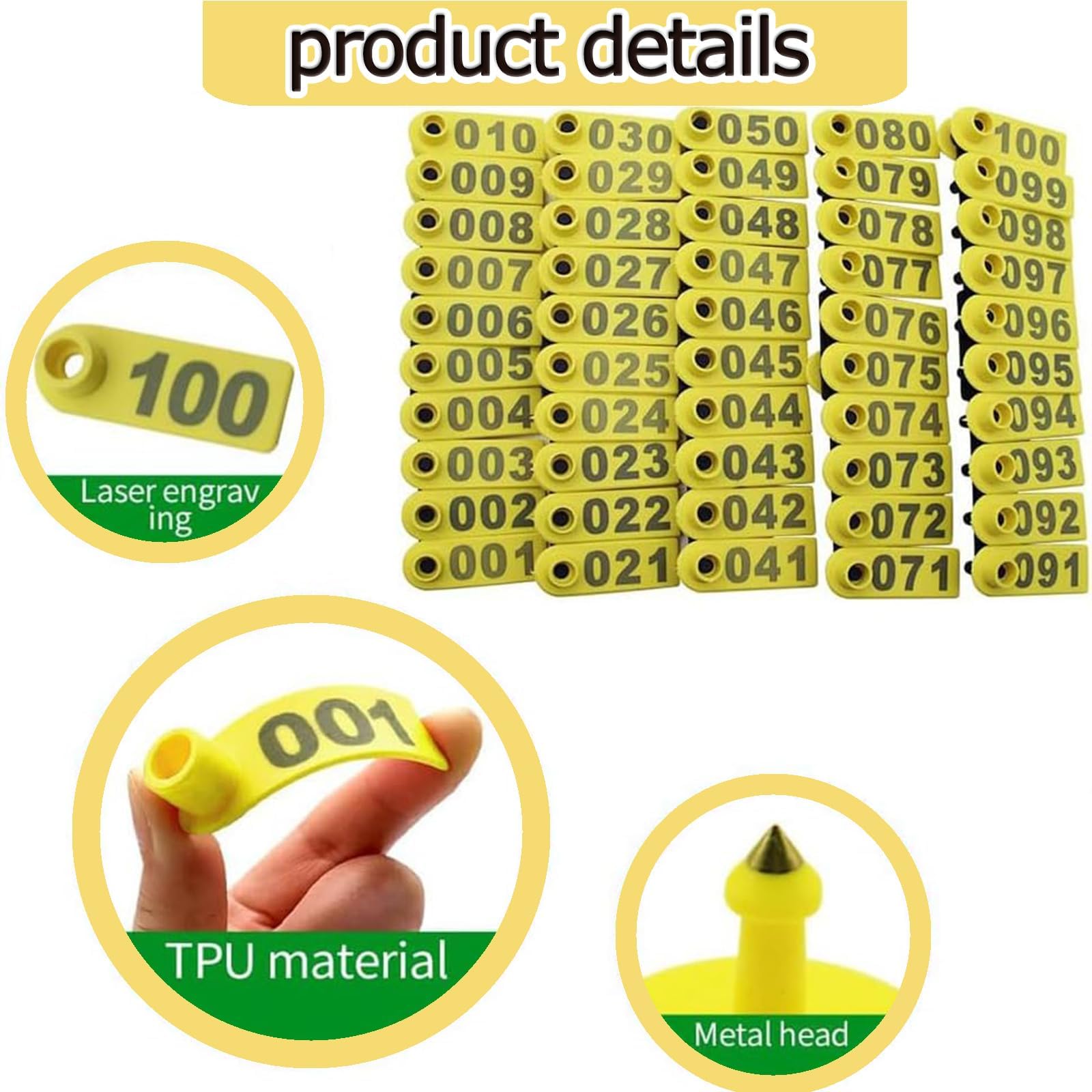 Kolczyki na uszy dla bydła, opakowanie 100 sztuk, 51 x 18 mm, wielokolorowe, ponumerowane 001-100(Green)