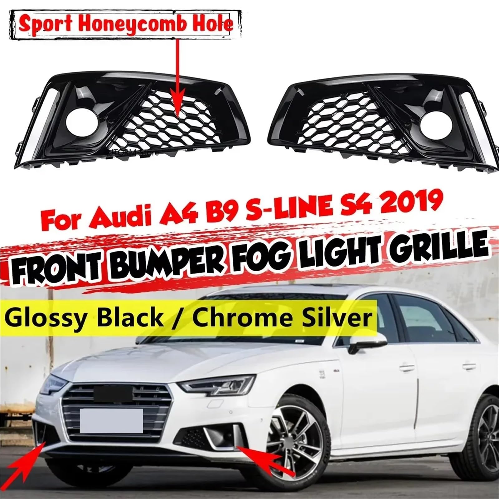 Pasuje do Audi A4 B9 S-LINE S4 2019 2020 Przedni zderzak samochodu Osłona przeciwmgielna 1 para Siatka lampy przeciwmgielnej 8WD807681J grill chłodnicy(Chrome Silver)
