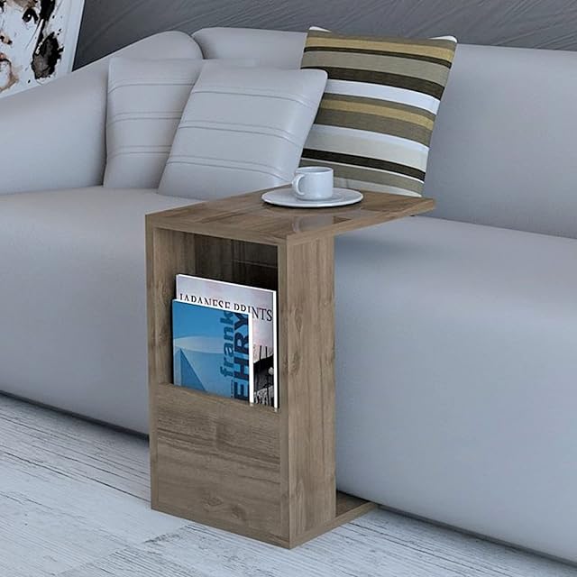 P&W - C Shaped Coffee Table with Storage, Wooden Sofa Side Table, Snack Table, Small Sofa Table, End Table, Laptop Table for Bedroom Living Room, Work in Bed on The Sofa W30 x D40 x H50cm