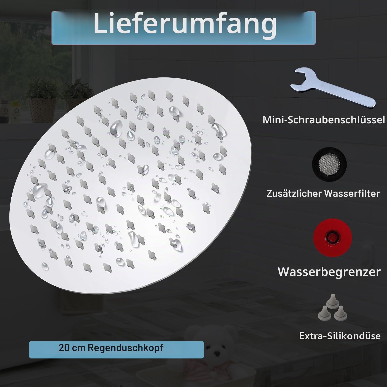 Regenduschkopf, Katezon Hochdruck-Regenduschkopf aus Edelstahl, Badezimmer-Wasserfalldusche, universelle Wand- und Deckenmontage (20cm, Chromoberfläche)