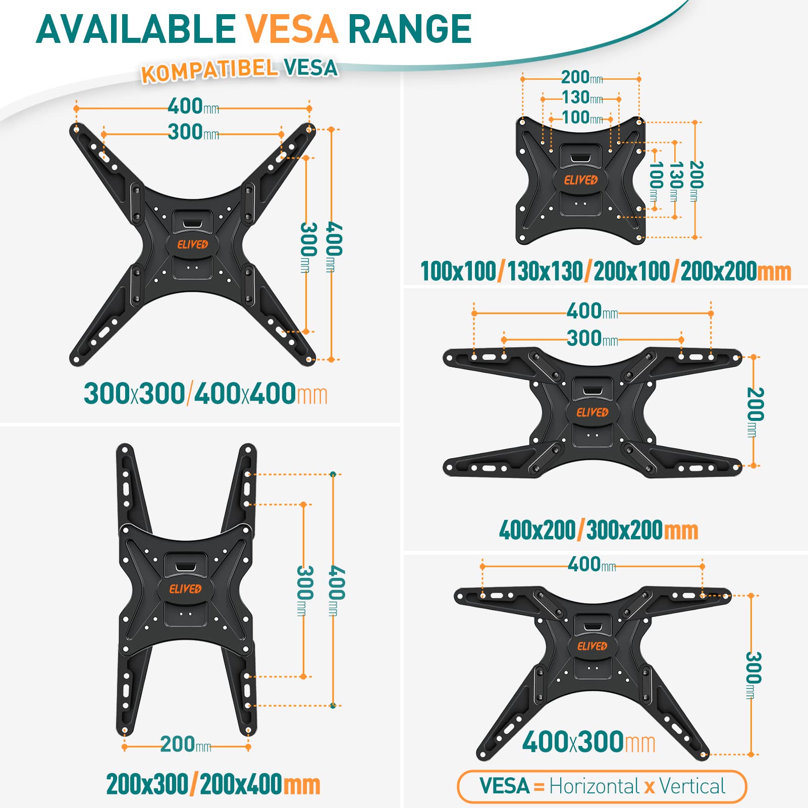 ELIVED Support mural réglable en hauteur pour la plupart des téléviseurs LED, LCD, OLED plats ou incurvés de 23 à 55" avec VESA 100 x 100 mm-400 x 400 mm jusqu'à 25 kg, support d'angle à mouvement