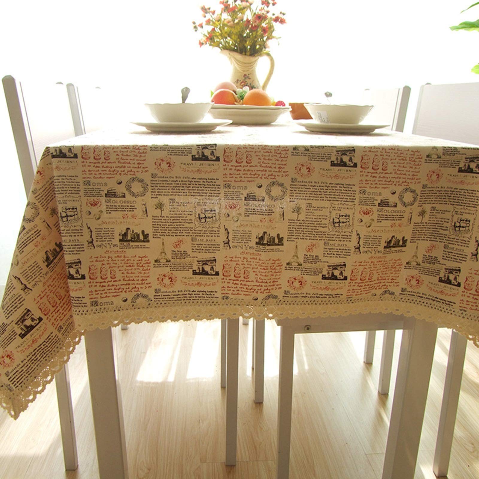 Nappe Coton Picnic Motif Journal Rétro avec Finition Dentelle