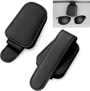 2 Pieces Glasses Holder for Car Sun Visor, Magnet Sunglasses Holder Car, Leather Glasses Stand for Car Sunshade, Sunglasses Holder Car for Eyeglasses Card Ticket - Black