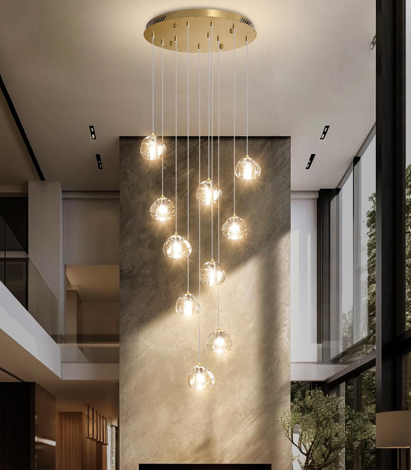 Glam Chandelier with LED Dimmable Bulbs Bubble Crystal Balls Glam Chandeliers High Ceiling Pendants Light Fixtures Adjustable Long Lights Gold Light