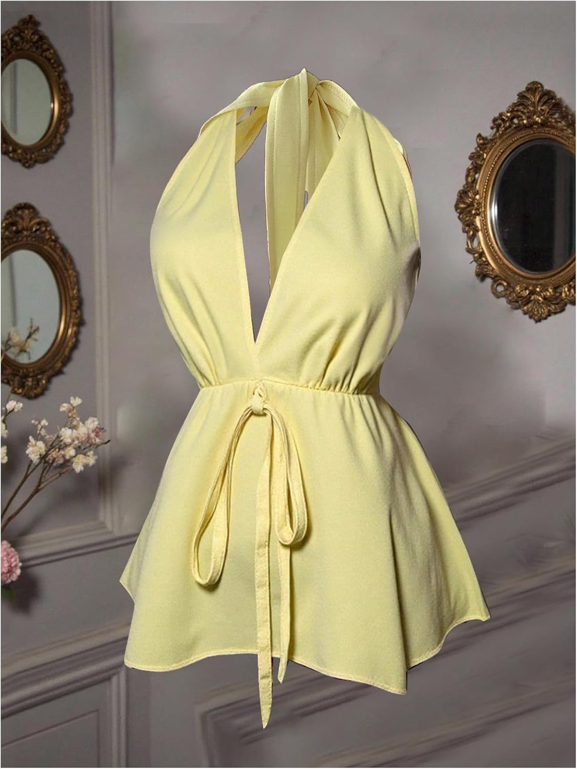 Milumia Women's Y2k Halter Peplum Top Bow Tie Y2k Deep V Neck Backless Sleeveless Ruffle Tank Tops - Image 2