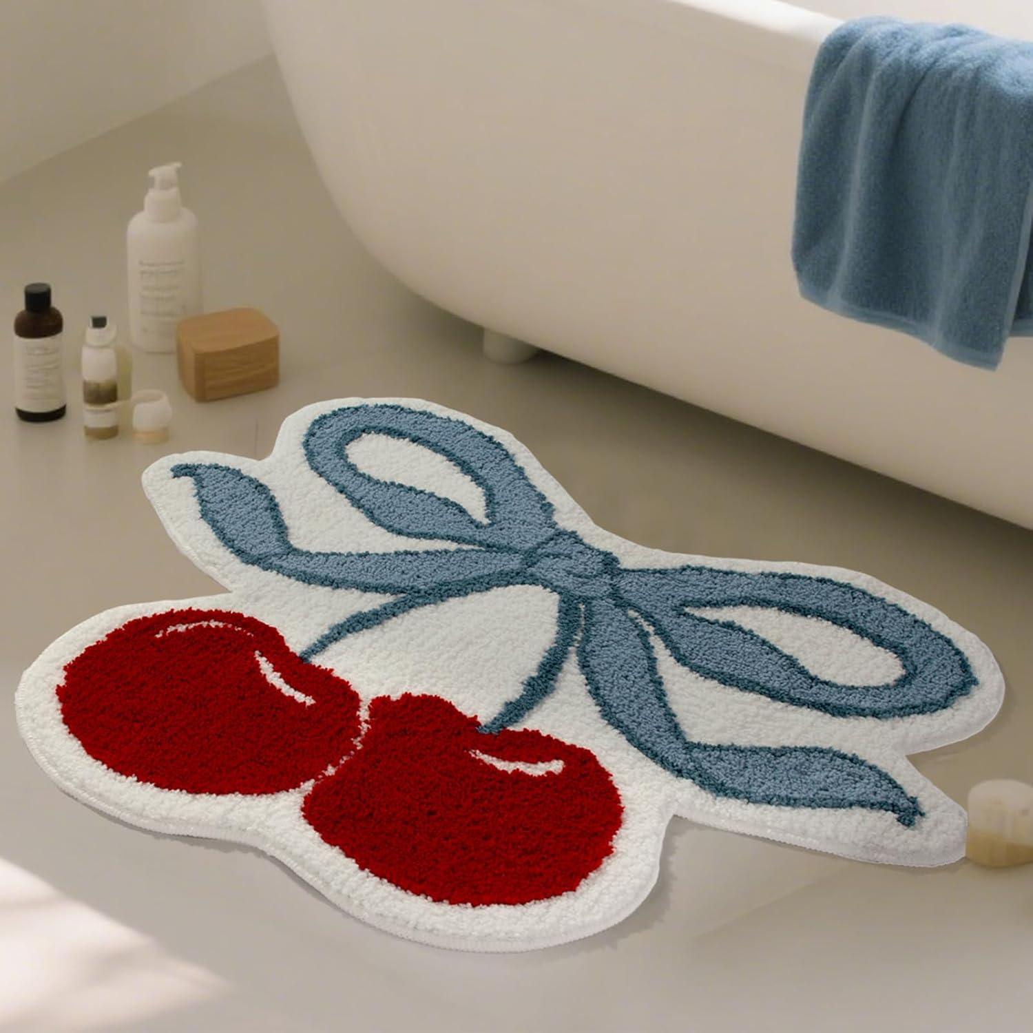 Cherry Blue Bow Bath Mat for Bathroom, Cute Checkered Fruit Shaped Absorbent Bath Rugs Bathroom Decor Tub Plush Shower Rugs Washable Carpet for Kid's Room 20"x 24"