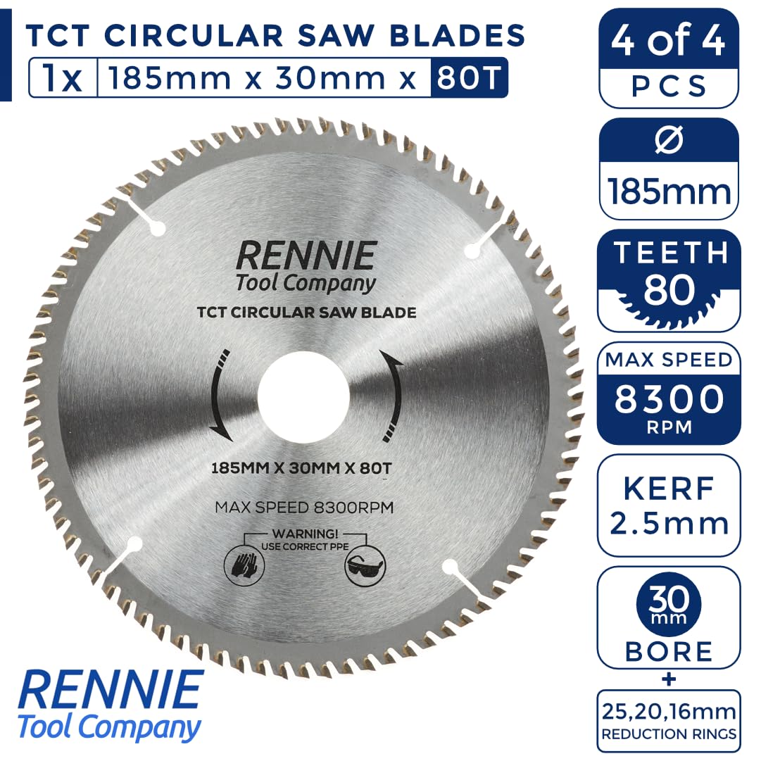 Confezione da 4 lame per sega circolare da 185 mm x 24T 40T 60T 80T TCT x foro 30 mm + anelli di riduzione del foro da 25 mm/20 mm/16 mm, adatte per seghe circolari Evolution Bosch, Makita, Ryobi,
