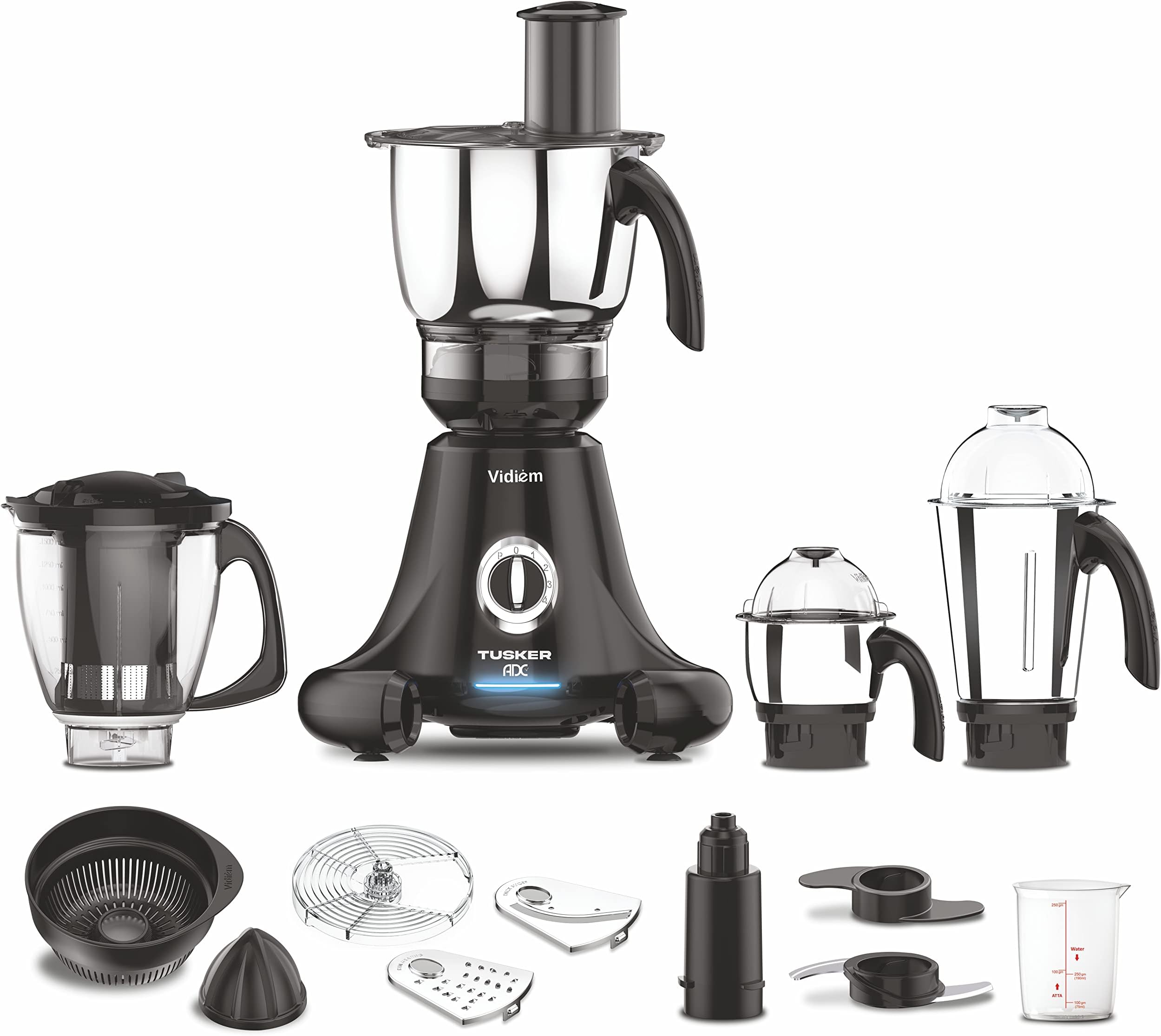 Vidiem Mixer Grinder 616 A Tusker ADC | Mixer grinder 750 watt with 3 jars & 1 Juicer Mixer Grinder, 1 Multi chef | 4 Leakproof Jars with self-lock for wet & dry spices, chutneys | 5 Years Warranty
