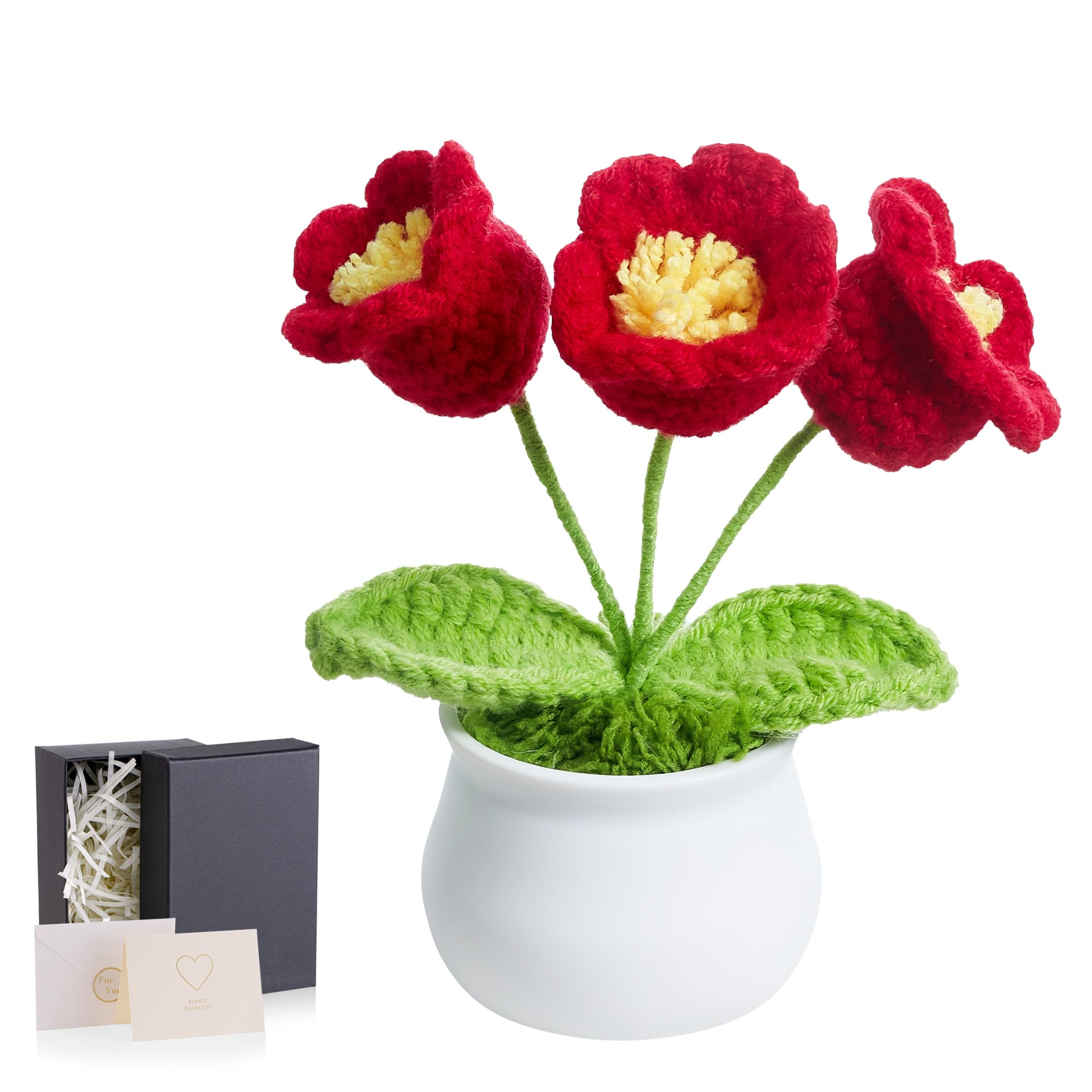 MAIBAOTA Red Crochet Flowers Handmade Knitted Flower Bouquet Lily of The Valley Potted Plants Birthday Gifts for Women Desk Decor Accessories