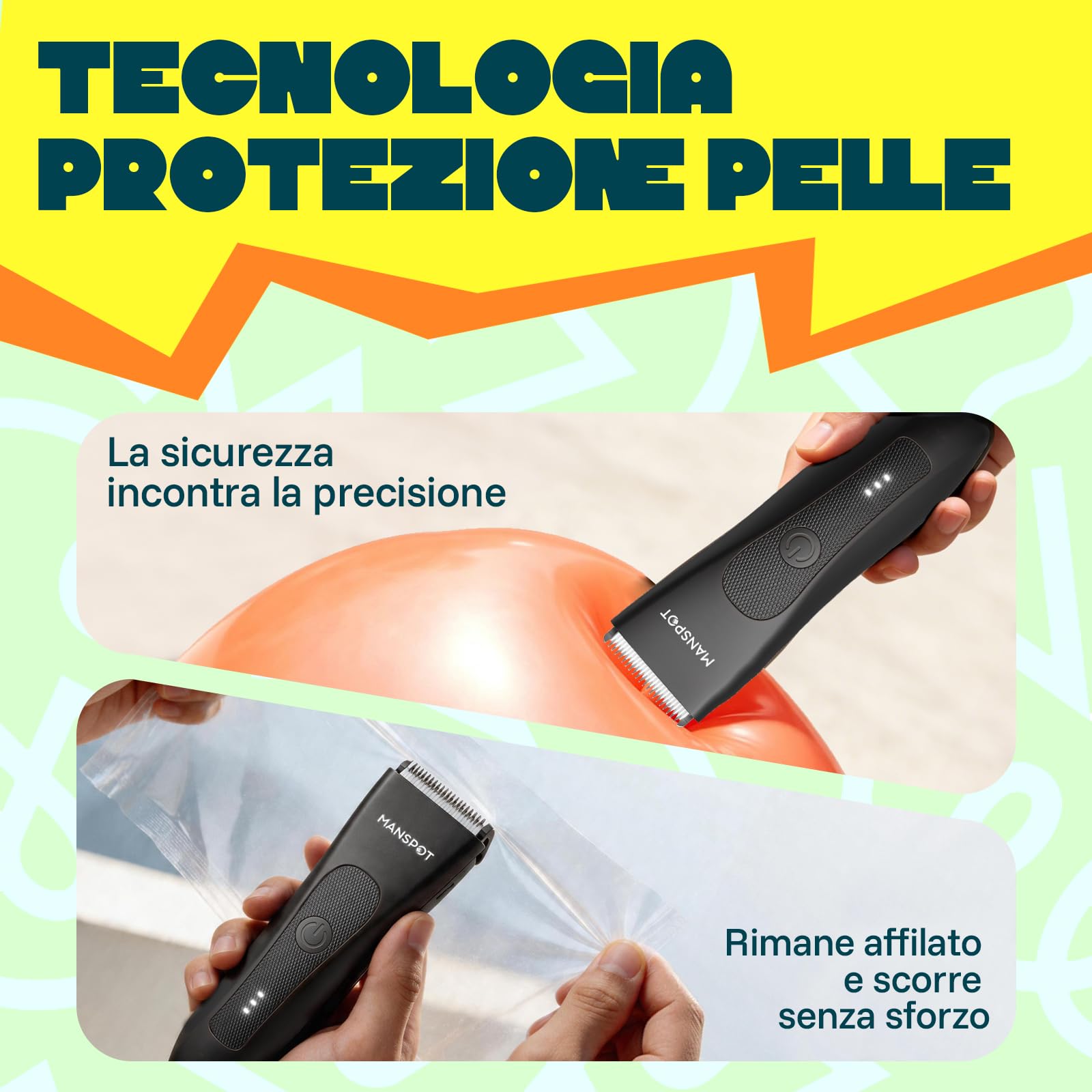 MANSPOT Rasoio Elettrico Corpo Uomo, Depilatore con Lama in Ceramica | Ipoallergenico, IPX7 Impermeabile Wet & Dry, 4 Pettini Guida per Parti Intime, Zone Sensibili, Barba, Braccia, Gambe, Ascelle