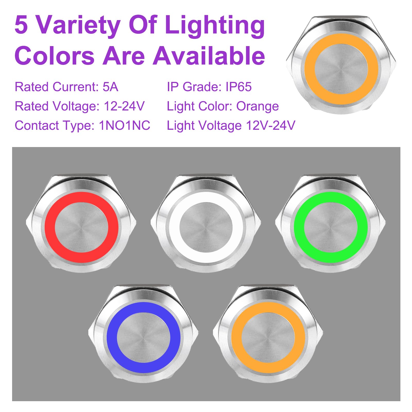 DMiotech 2 Pack 7/8 Inch Stainless Steel Momentary Push Button Switch Domed Head 5A 12-24V Silver Shell 6 Pin with Cable Socket Yellow Ring LED 1NO1NC for Car Boat Systems Custom Setups - Image 3