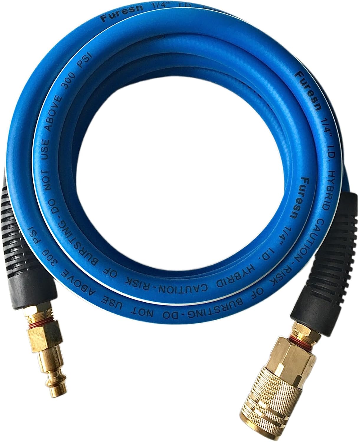 Air Hose 1/4 in x 10 ft, Heavy Duty, Lightweight, Kink Resistant, Hybrid Air Compressor Hose with 1/4 in Solid Brass Male Fittings, Bend Restrictors, 300 PSI(10FT, Blue White)