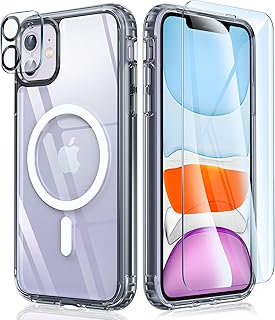 FNTCASE for iPhone 11 Case: Support Magnetic Charging Military Grade Drop Protection Anti Yellowing Cell Phone Cover - Rugged Durable Shockproof Protective Bumper - 6.1 Inch (Black Clear)