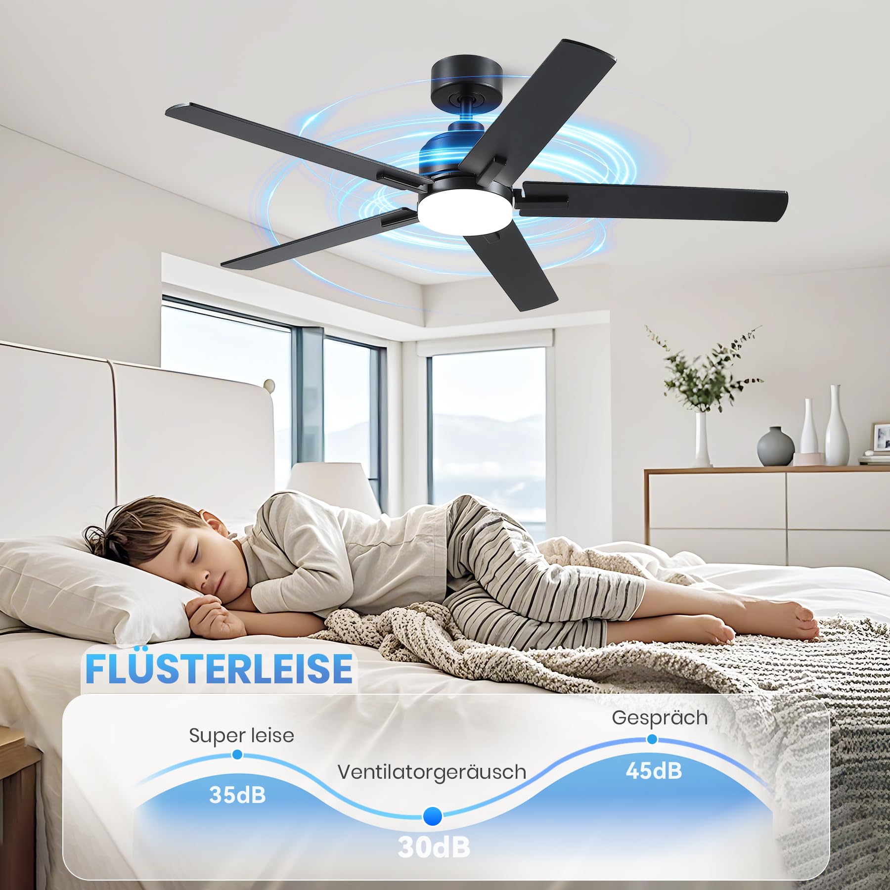 Deckenventilator mit Beleuchtung 132cm, Fernbedienung und APP, 5 Flügel, Leise DC Motor, Timer, Schwarz