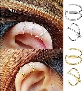 Sterling 925 Silver 4pcs No Piercing Earcuff （2 pcs Double line ，2 pcs Criss Cross ） Simple Gold Plated Fake Helix Ear Cuff Cartilage Earring Color Gold