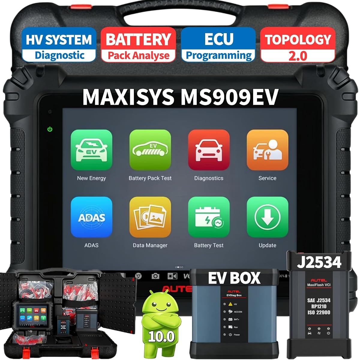 Escáner inteligente Autel MaxiSys MS909 EV OBD2, topología 2.0, servicio 40+ | Diagnóstico del sistema de alto voltaje y análisis del paquete de baterías, igual que Ultra EV, hasta MS919 MS909 S2, KIT EVDiag de $1000, programa ECU
