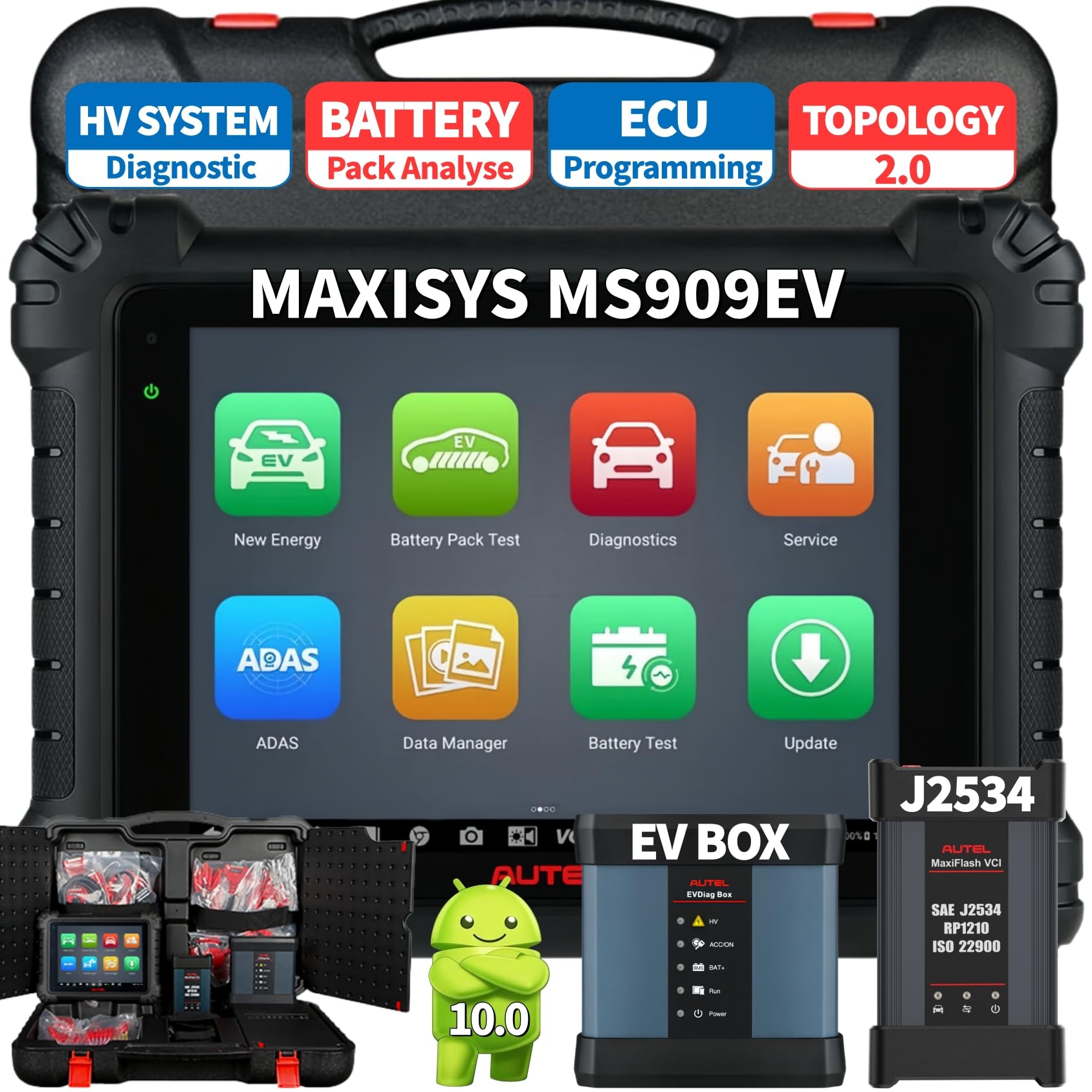 Autel MaxiSys MS909 EV, Same as Ultra EV Intelligent Scanner, Up of MS919 MS909 S2, $1000 EVDiag KIT, High-Voltage System Diagnostic & Battery Pack Analyse, ECU Programming, Topology 2.0, 40+ Service