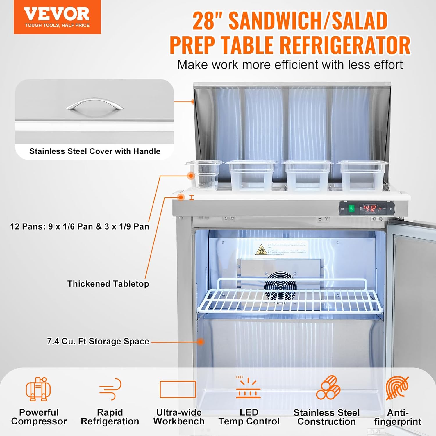 vevor 28" commercial refrigerator, 12 pans sandwich & salad prep table, 7.4 cu. ft stainless steel refrigerated food prep station, frost free mega top refrigerator for restaurant, food truck, bar 28"w with 12 pans