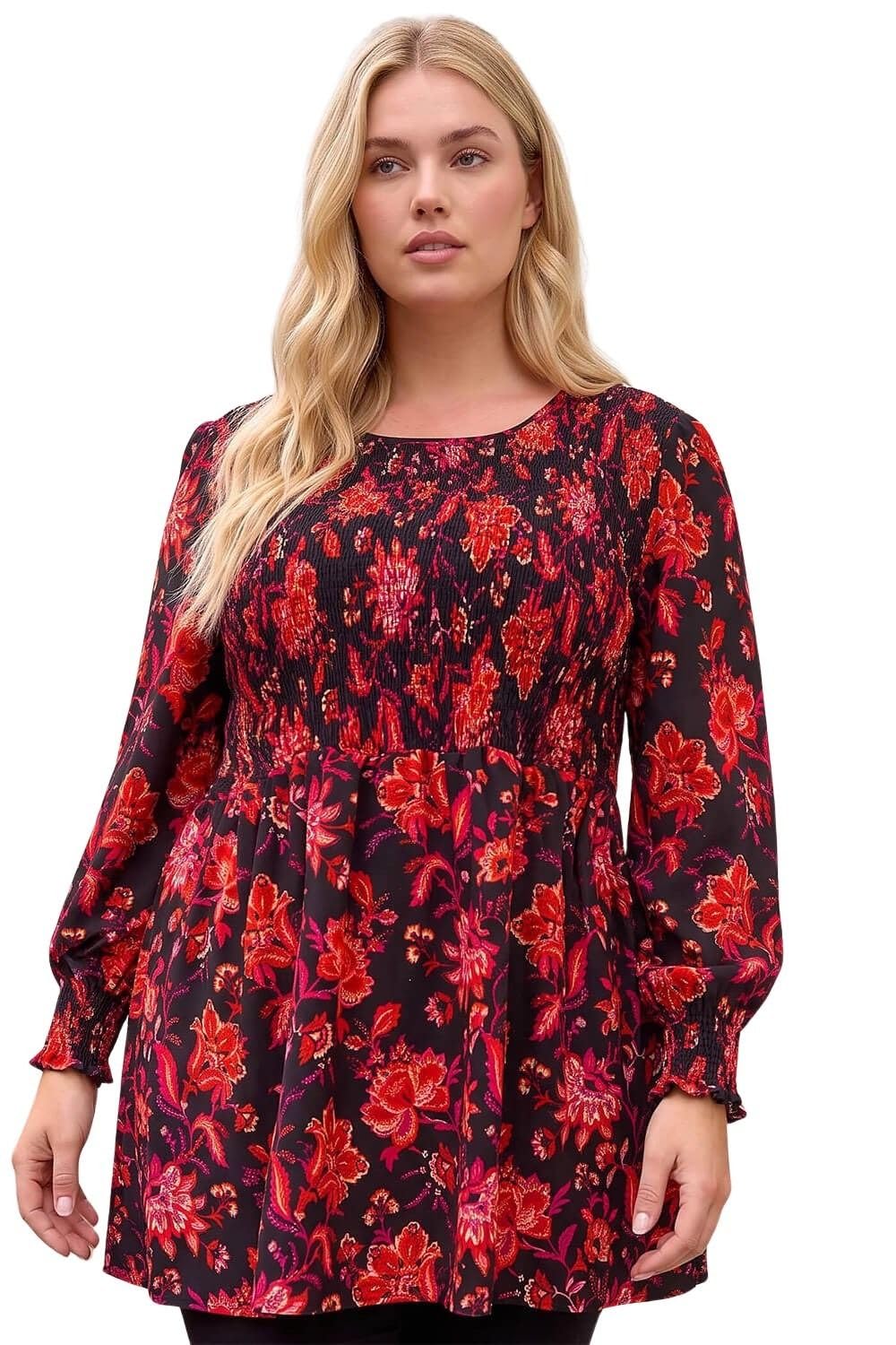 Roman Curve Floral Print Stretch Top for Women UK - Ladies Everyday Autumn Winter Round Neckline Comfy Soft Evening Vacation Work Party Night Out