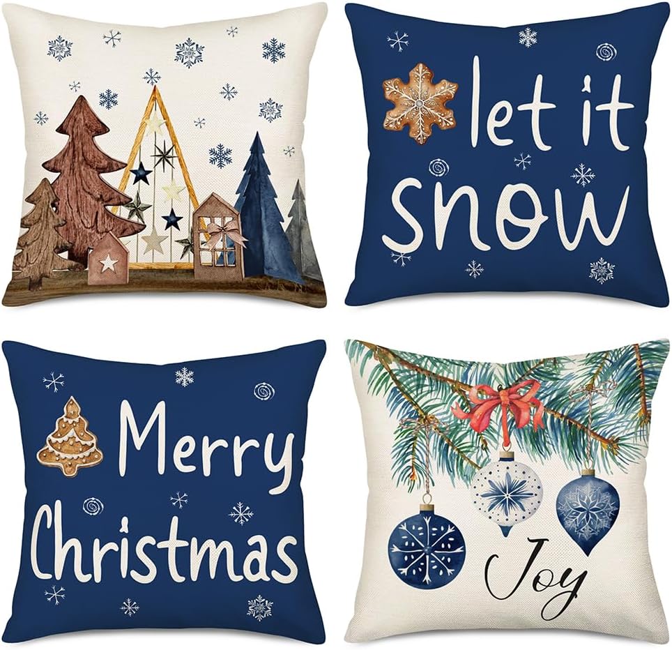 White and Navy Blue Christmas Pillow Covers 20 x 20 Inch Set of 4, Merry Christmas Tree Let it Snow Snowflake Farmhouse Xmas Throw Pillow Cases Winter Holiday Decor Cushion Cover for Home Couch