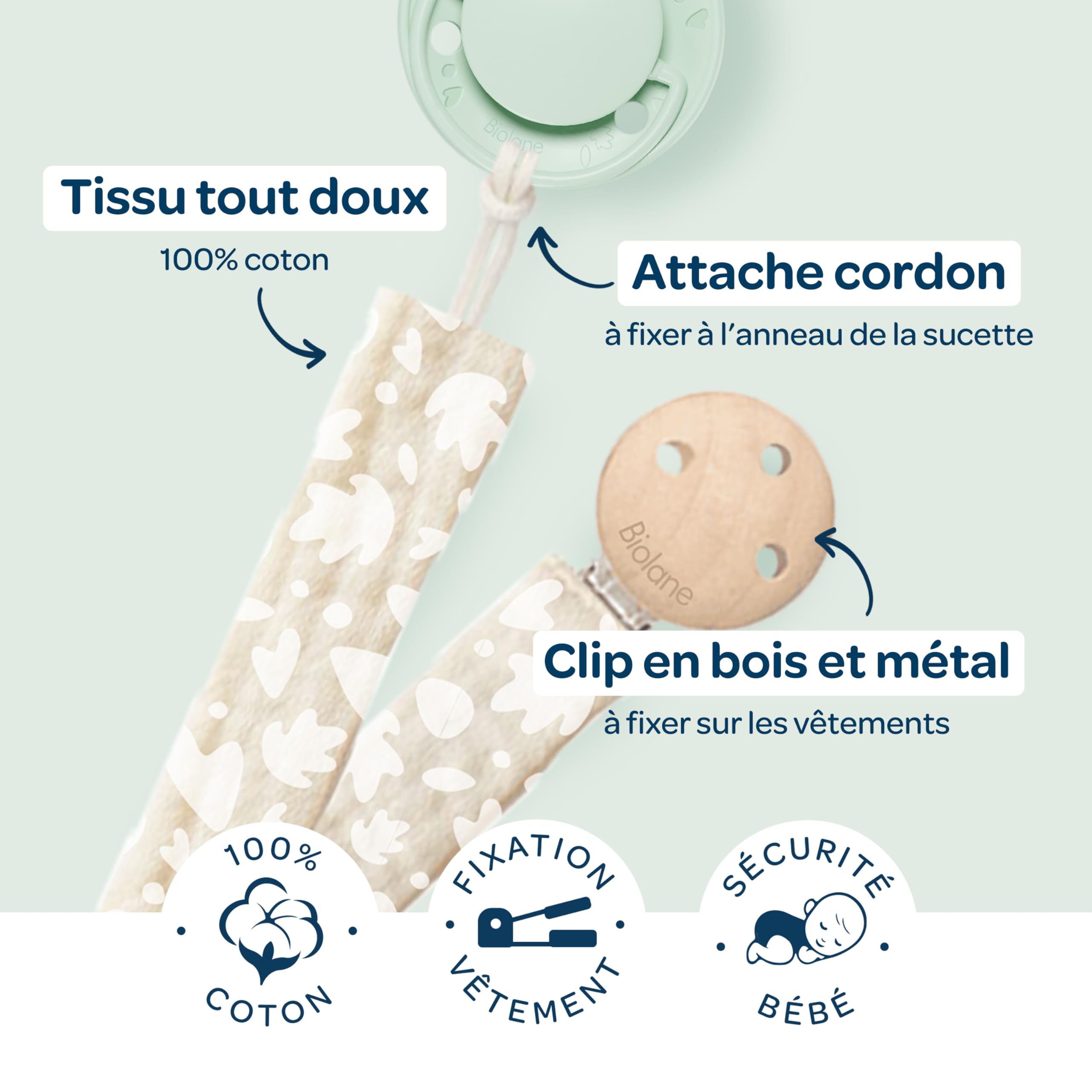 BIOLANE Attache tétine bébé 100% coton beige double sécurité anti-glisse