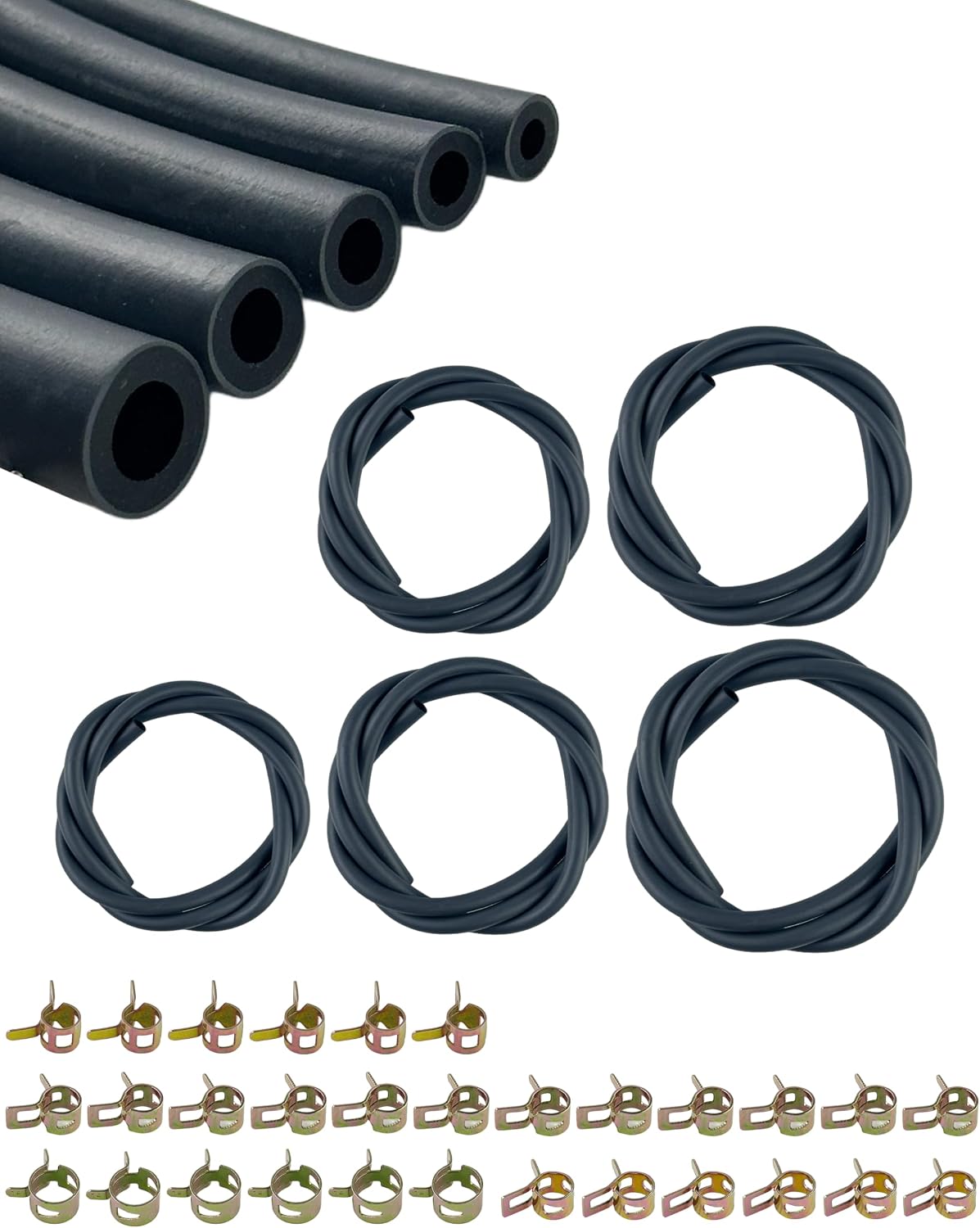 YAMAKATO 3.3 Ft 1/8" 5/32" 3/16" 1/5" 1/4" ID Fuel Line Gas Tube Hose for Briggs & Stratton Kawasaki EZGO Snowmobile Lawn Mower Tractors Bike Scooter ATV Go Cart Motor Generator w/ 30 PCS Clamps