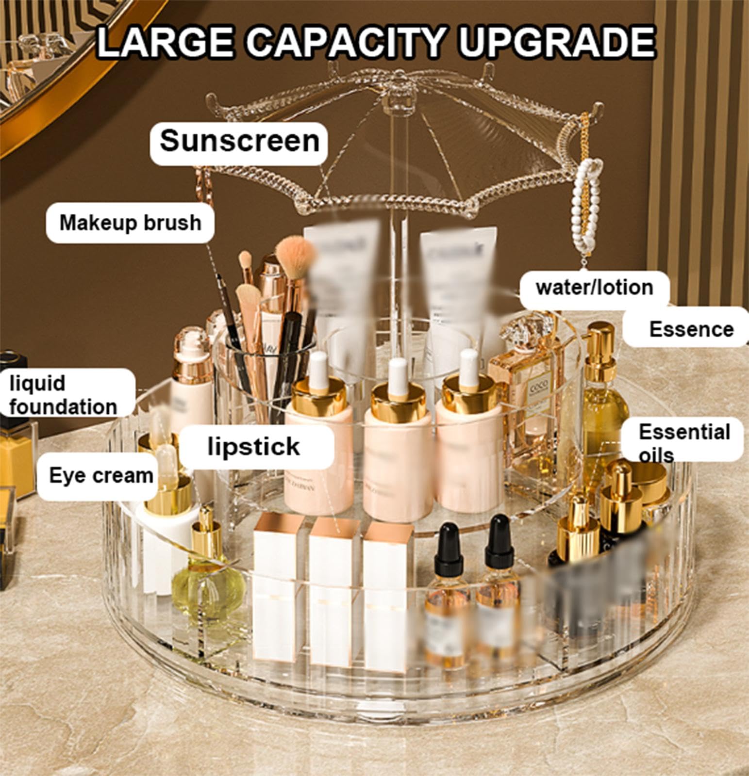 Organizador y Almacenamiento de Maquillaje Giratorio, Vitrina de Acrílico para Cosméticos, Organizador Giratorio para El Cuidado de La Piel, Soporte Multifunción para Brochas de Maquillaje