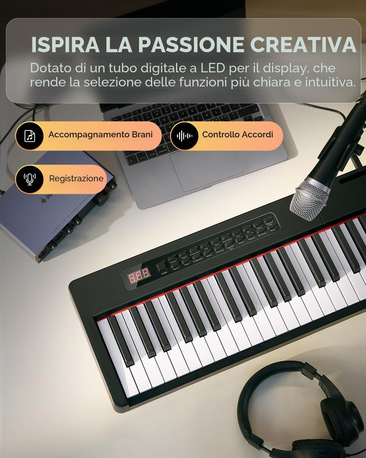 Donner Tastiera digitale per pianoforte a 88 tasti sensibili alla velocità con supporto rimovibile, pianoforte elettrico compatto per principianti con modalità Split, display LED e triplo pedale